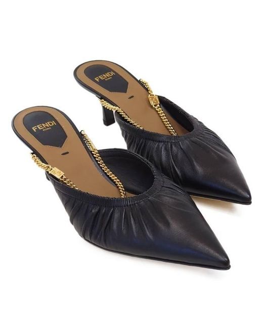 Fendi Black Colibri Lite Chain-Strap Kitten Mules, Brand Size 40 Us