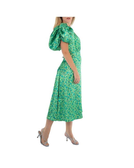 ROTATE BIRGER CHRISTENSEN Green Midi Dress With Floral Print And Puffed Sleeve