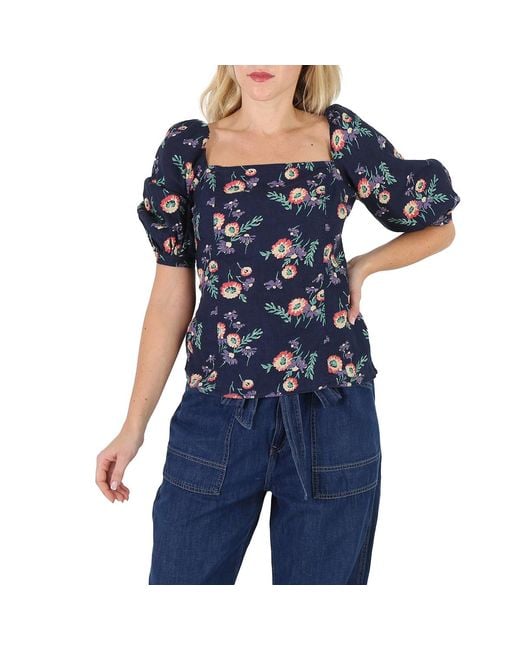 Polo Ralph Lauren Blue Ladies Floral Print Linen Puff Sleeve Blouse