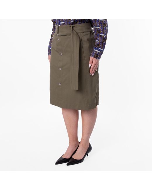 Burberry Green Belted Buttoned Midi Skirt, Brand Size 10 Us