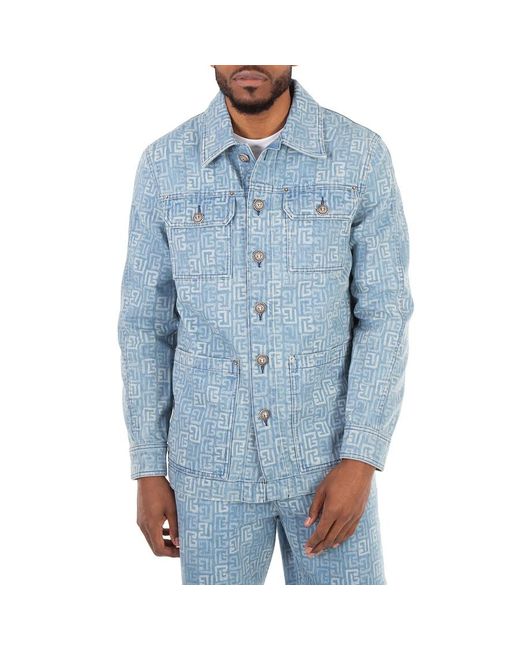 Balmain Blue Pb Logo Monogram Pattern Denim Jacket for men