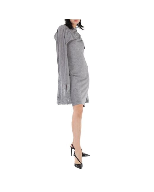 Burberry Gray Cloud Merino Wool Sleeveless Dress With Fringed Capelet, Brand Size 4 (Us