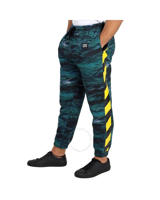 Burberry Blue Deep Teal Tape Detail Sea Print Cotton Trackpants for men