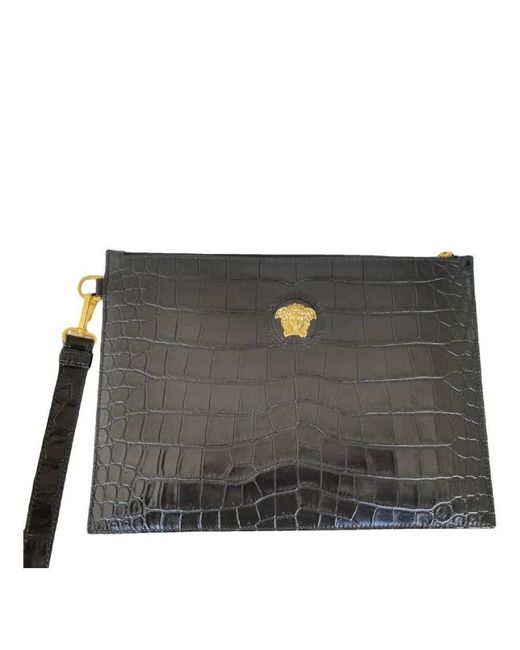 Versace Gray La Medusa Croc-Embossed Clutch for men