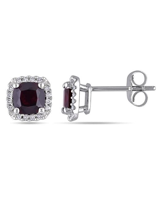 Amour Metallic Cushion Cut Garnet And 1/10 Ct Tw Diamond Halo Earrings