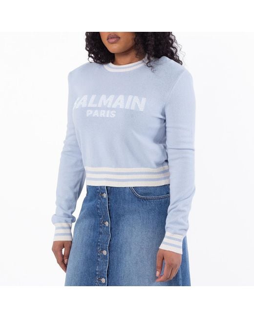 Balmain Blue Logo Embossed Cropped Sweater, Brand Size 36 (Us