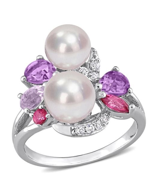 Amour Metallic Cultured Freshwater Pearl And 1 3/8 Ct Tgw Multi-Gemstone Cocktail Ring