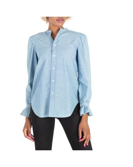Polo Ralph Lauren Blue Puff-Sleeve Frill-Trimmed Denim Shirt