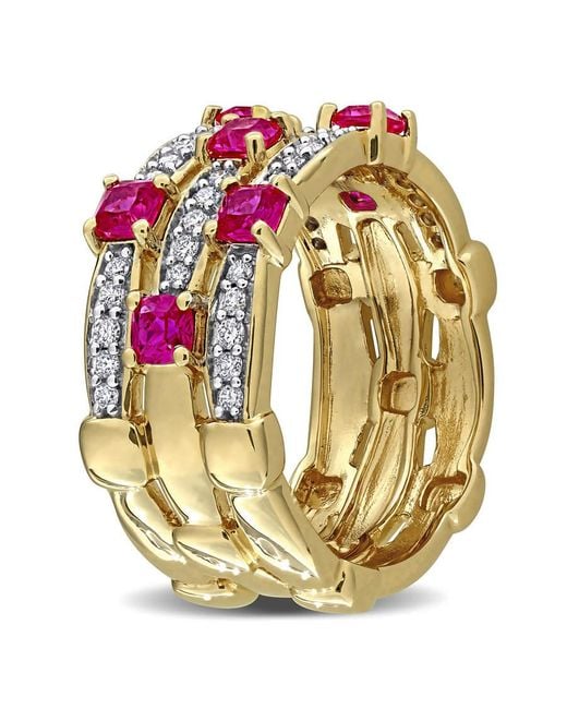 Created Forever Pink 1Ct Tgw Created Ruby And 1/3Ct Tw Lab-Grown Diamond 3-Row Semi-Eternity Ring for men