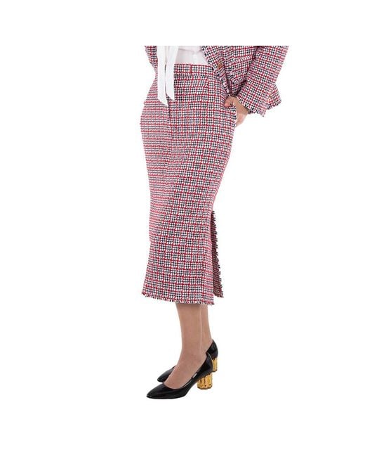 Thom Browne Purple Ladies Check Summer Tweed Fray Maxi Low Rise Pencil Skirt