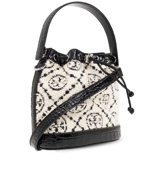 Tory Burch Black Boucle Monogram Drawstring Bucket Bag