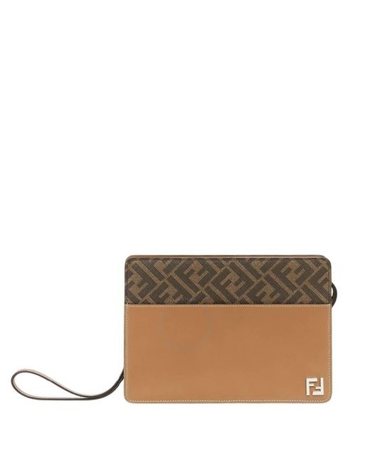 Fendi Brown Squared Logo Applique Standing Clutch for men