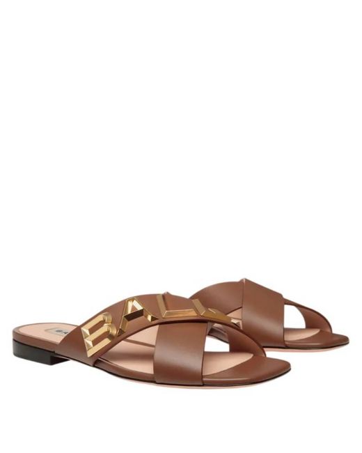 Bally Brown Spell Leather Flat Slide Sandals, Brand Size 35 Us