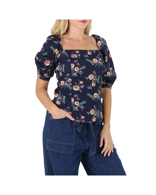 Polo Ralph Lauren Blue Ladies Floral Print Linen Puff Sleeve Blouse