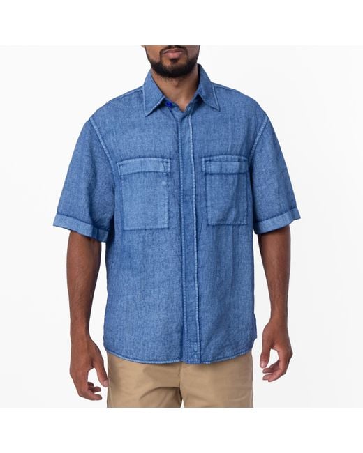 Burberry Blue Short-Sleeved Ekd Logo Linen Shirt for men