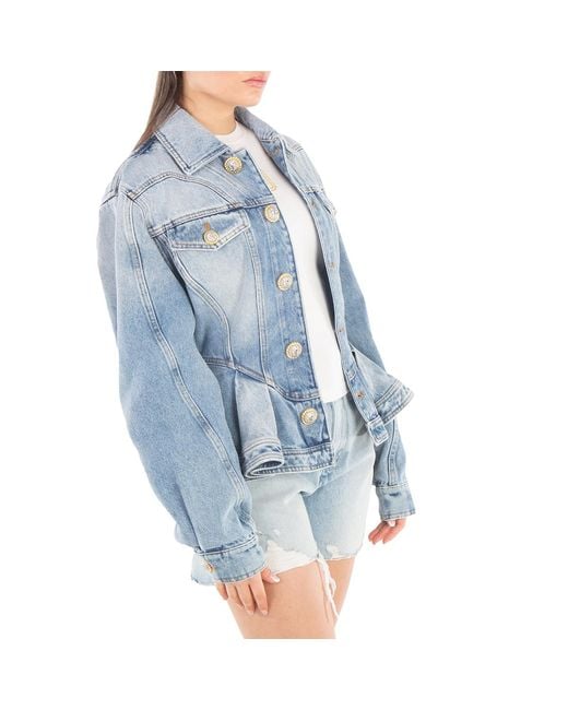 Balmain Blue Logo-Buttons Pleated Denim Blazer