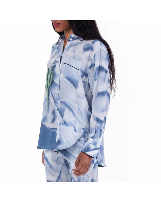 Victoria Beckham Blue Floral Satin Pyjama Shirt, Brand Size 6 (Us