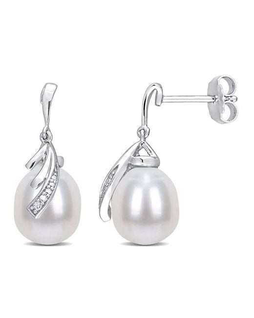 Amour White 8-8.5Mm Freshwater Cultured Pearl And Diamond Accent Feather Earrings