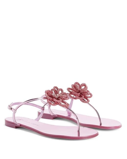 Giuseppe Zanotti Pink Tilly Flower Crystals Embellished Flat Sandals, Brand Size 37 Us