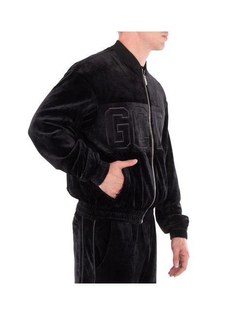 Gcds Black Logo-Embroidered Velvet Zip-Up Sweatshirt for men