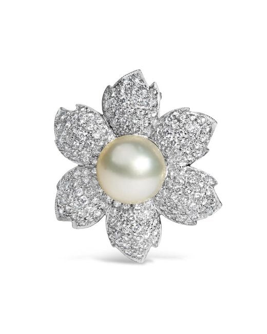 Haus of Brilliance Metallic 18K 2 3/4 Cttw Diamond And 12.5 Mm Cultured Freshwater Pearl Floral Brooch Pin