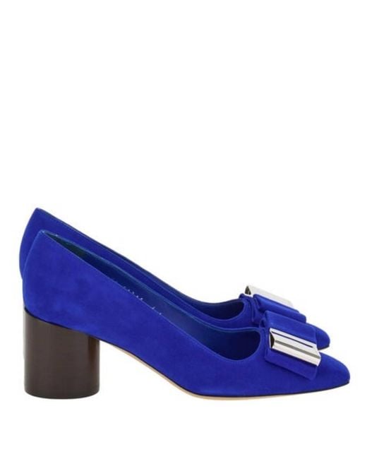 Ferragamo Blue Lena 60 Bow Suede Pumps