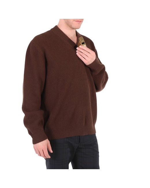 Burberry Brown Wool V-neck Gold-plated Whistle Detail Rib Knit Sweater for men