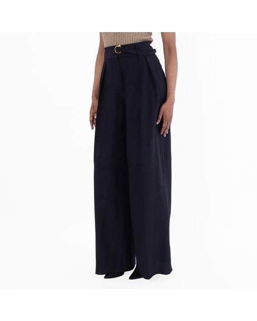 Ferragamo Blue Belted Wide-Leg Silk Trousers, Brand Size 38 Us