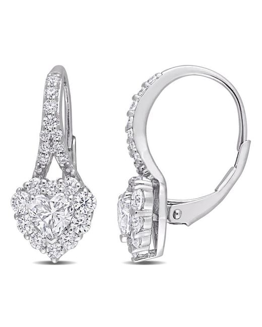 Amour Metallic 2 Ct Dew Created Moissanite Heart Halo Leverback Earrings