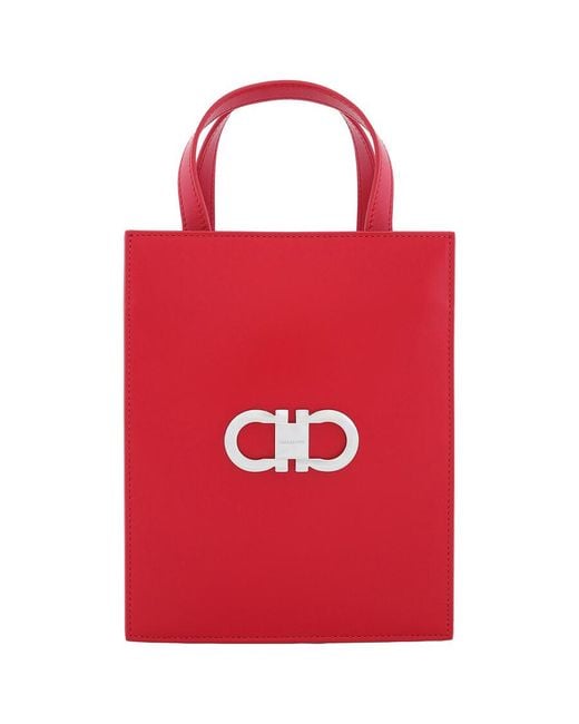 Ferragamo Red Double Gancini Mini Leather Tote Bag