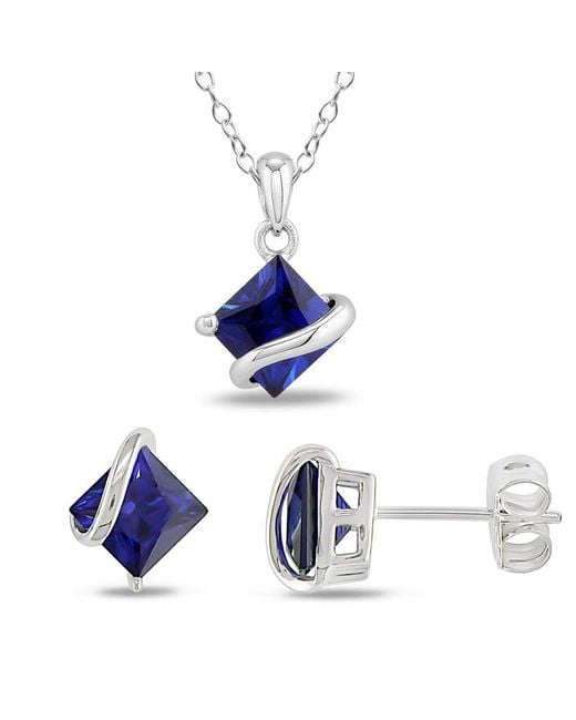 Amour Blue 3 3/4 Ct Tgw Square Created Sapphire Wave Pendant With Chain And Stud Earrings 2-Piece Set