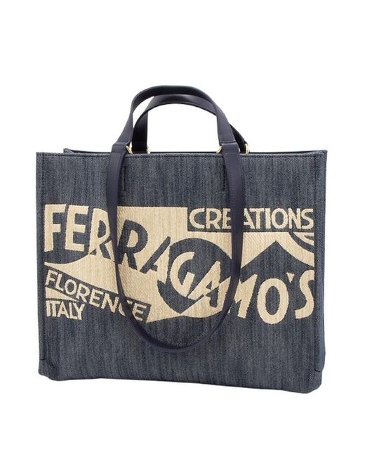 Ferragamo Blue Medium Tote Bag With Logo