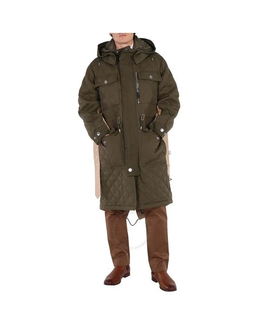 Burberry Green Olive Detachable Hood Quilted Ramie Cotton Parka for men