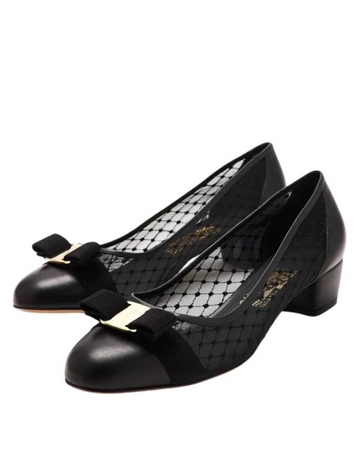 Ferragamo Black Ferragamo Vara Bow Mesh Pumps
