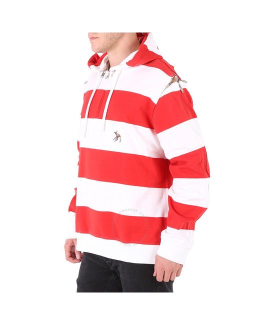 Burberry Red Zip Detail Striped Cotton Hoodie for men