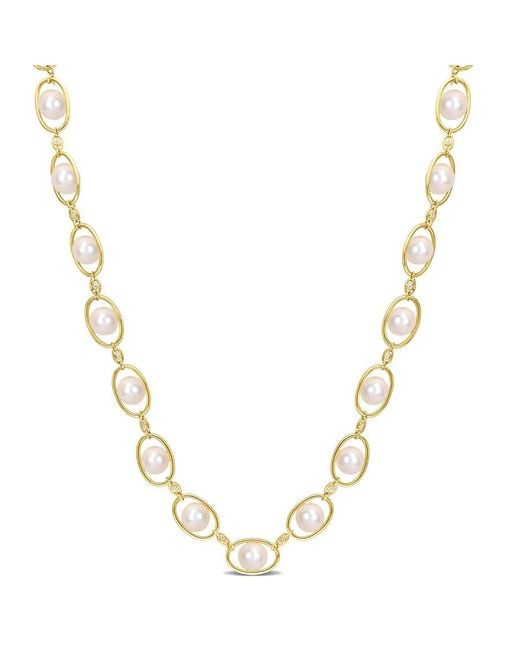 Amour Metallic 8-8.5Mm Freshwater Cultured Pearl And 1/3 Ct Tgw Cubic Zirconia Oval Link Necklace
