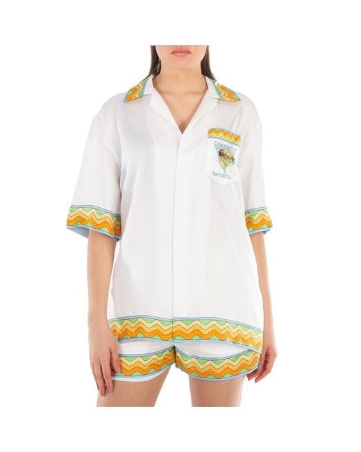 Casablanca White Afro Cubism Tennis Silk Shirt, Size X-Small