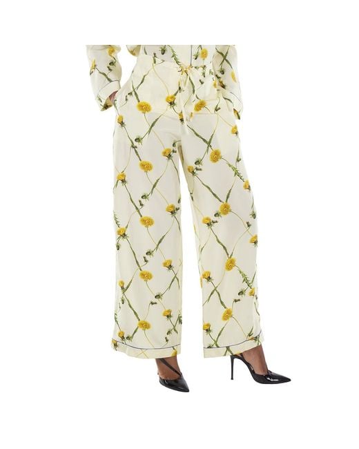 Burberry Yellow Drawstring Floral-Print Silk Pants, Brand Size 6 (Us