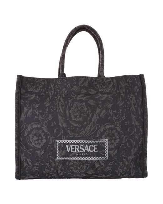 Versace Black Embroidered Logo Canvas Tote Bag for men