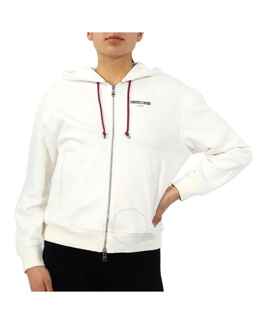 Roberto Cavalli White Cotton Lucky Symbols Zip Hooded Sweatshirt