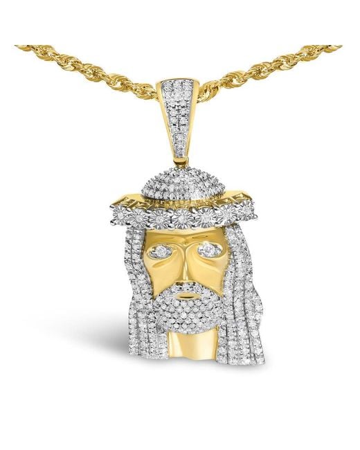 Haus of Brilliance Metallic 10K 1 1/3 Cttw Diamond Studded Jesus Pendant Necklace for men