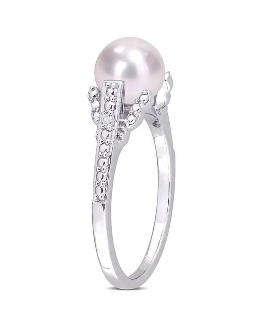 Amour Metallic 7-7.5Mm Freshwater Cultured Pearl And Diamond Accent Vintage Ring