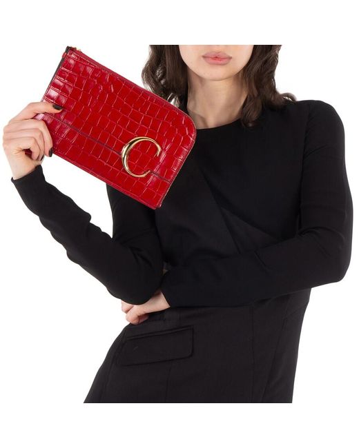 Chloé Red C Croc Embossed Leather Pouch