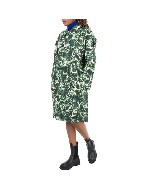 Burberry Green Long All Over Rose Print Raincoat, Brand Size 8 (Us