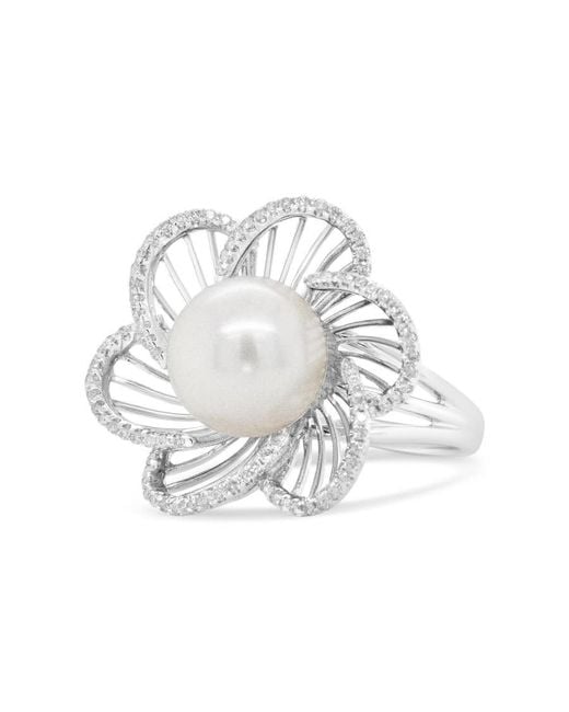 Haus of Brilliance White 14K 11Mm Round Pearl And 1/3 Cttw Round Diamond Openwork Flower Blossom Ring