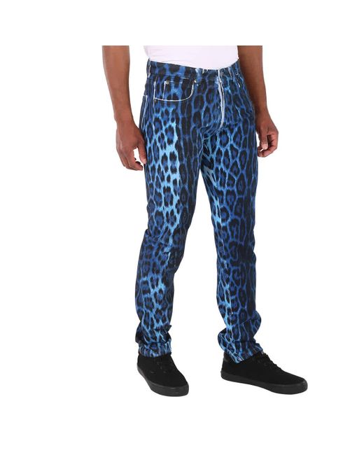 Roberto Cavalli Blue Heritage Jaguar Print Cotton Slim Fit Jeans for men