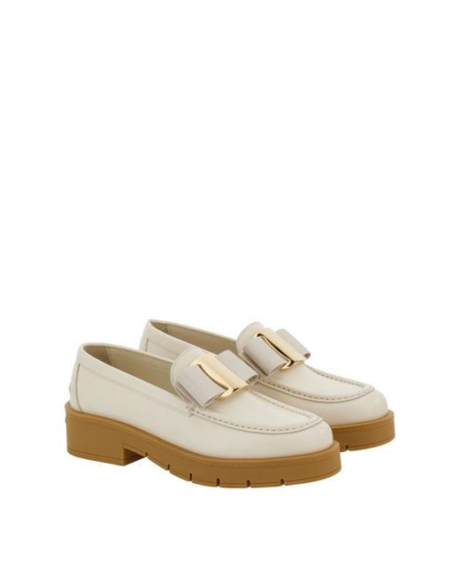 Ferragamo White Vara Bow Leather Loafers, Size 5.5
