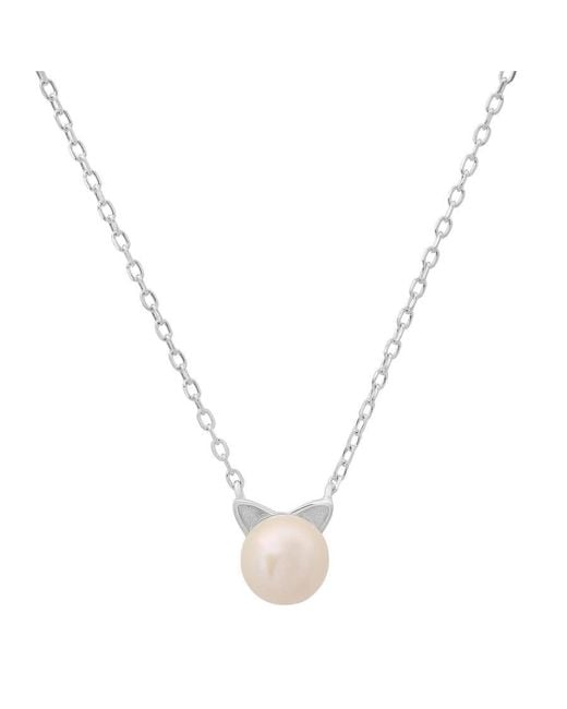 Kylie Harper Metallic Sterling Kitty Cat Genuine Pearl Necklace
