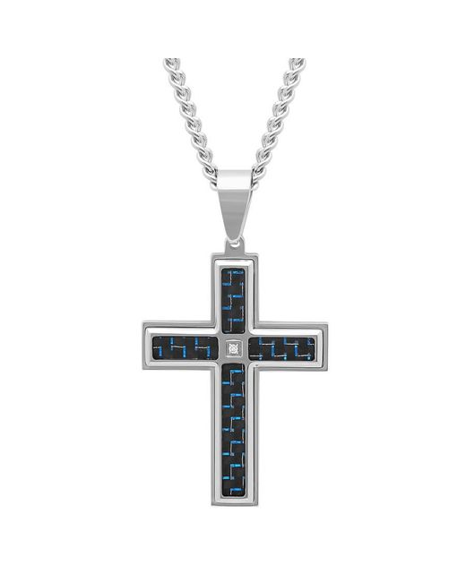 Robert Alton White 02 Ctw Stainless Steel & Carbon Fiber Diamond Cross Necklace for men