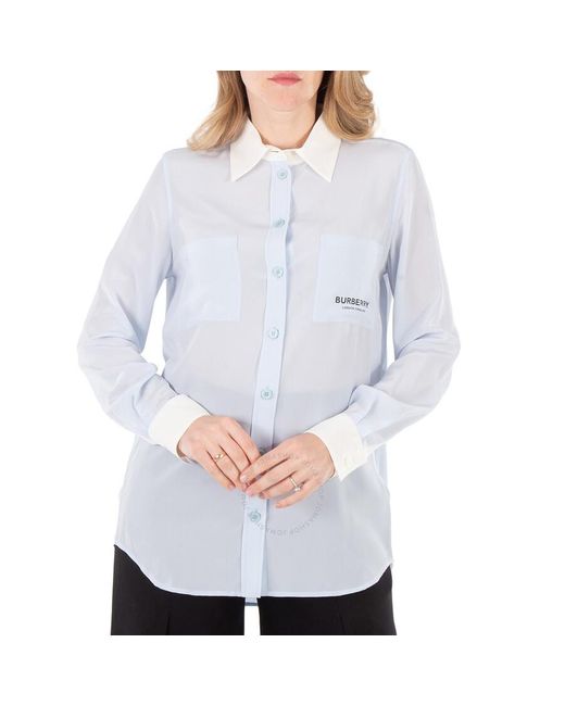 Burberry Blue Anette Contrast Trim Silk Shirt, Brand Size 10 Us